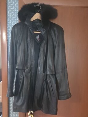 Tiboa Thinsulate Black Leather Coat Jacket w/ Removable Fur Trim Hood Small